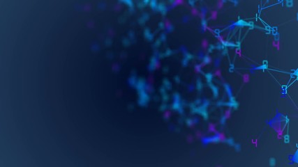 Poster - Movement of related particles. Work blockchain. Color numbers. Plexus business background. Dark blue background. Seamless loop.