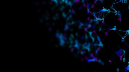 Poster - Movement of related particles. Work blockchain. Color numbers. Plexus business background. Black background. Seamless loop.