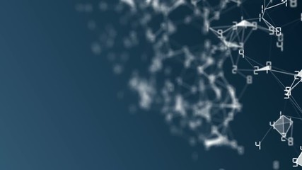 Poster - Movement of related particles. Work blockchain. White numbers. Plexus business background. Blue background. Seamless loop.