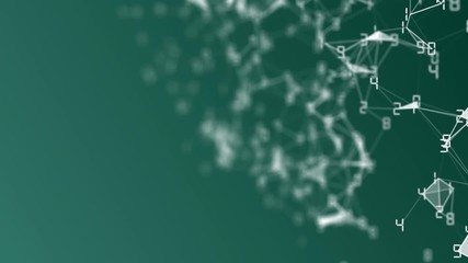 Poster - Movement of related particles. Work blockchain. White numbers. Plexus business background. Green background. Seamless loop.