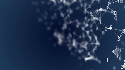 Poster - Movement of related particles. Work blockchain. White numbers. Plexus business background. Dark blue background. Seamless loop.