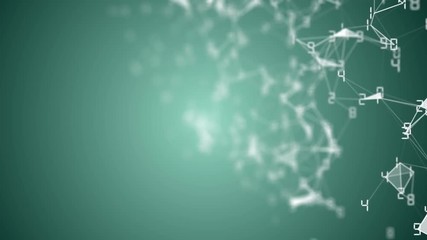 Poster - Movement of related particles. Work blockchain. White numbers. Plexus business background. Light green background. Seamless loop.