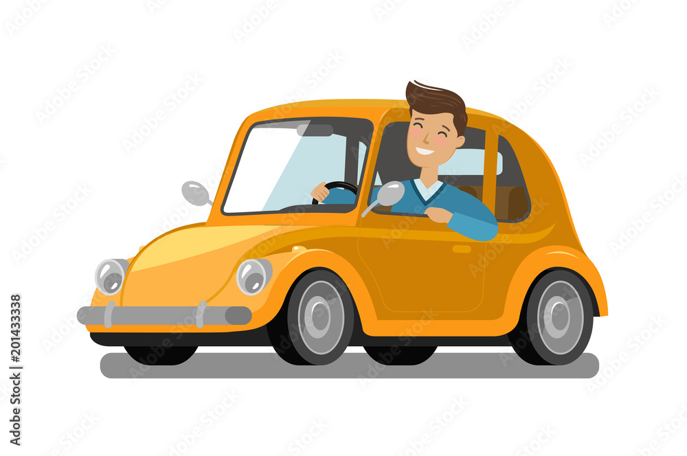 Happy male driver rides car. Driving, trip, taxi concept. Cartoon ...