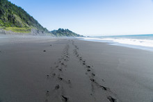 Footsteps In The Black Sand Of The Lost Coast Backpacking Trail In California
