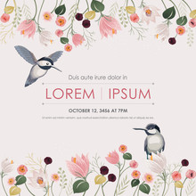  Vector Illustration A Floral Frame With A Cute Bird In Spring For Wedding, Anniversary, Birthday And Party. Design For Banner, Poster, Card, Invitation And Scrapbook 				
