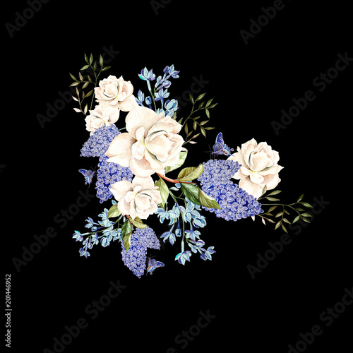 A beautiful watercolor bouquet with roses and lilac flowers.