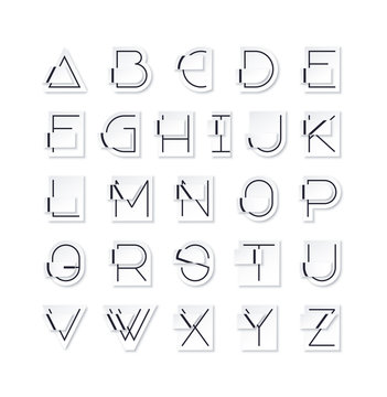 Layout paper effect broken latin font, graphical decorative type, black modern english alphabet.