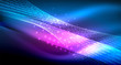 © antishock - Smooth light effect, straight lines on glowing shiny neon dark background. Energy technology idea