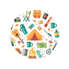 Wall Mural - Tourists equipment, travel and hiking icons concept