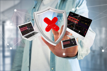 Poster - Hacked shield symbol surrounded by devices and network displayed on a futuristic interface