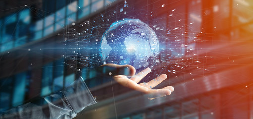 Poster - man holding a 3d rendering data earth globe