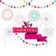 Carnival poster, banner with colorful party elements - fireworks, confetti, stars and splashes. Festival concept design.