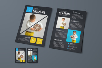 Poster - template of a universal vector brochure with square and triangular blue and yellow elements and a place for a photo.