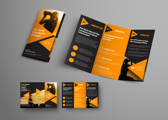 Poster - black triple folding brochure template with orange triangular elements.