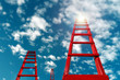 Business Development Motivation Career Growth Concept. Red Staircase Rests Against Blue Sky And Clouds