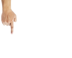 man's finger pointing down or touching isolated on white background