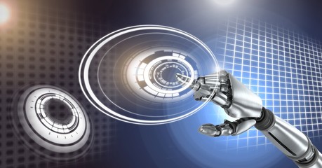 Poster - Robotic android hand and Glowing circle technology interface