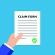 Hand hold page of paper with claim form to fill out, text and check mark tick on it flat style design isolated on light blue background vector illustration