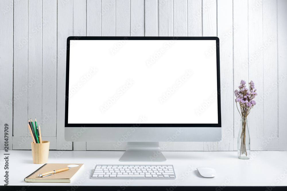workplace background with Blank white screen modern desktop computer ...
