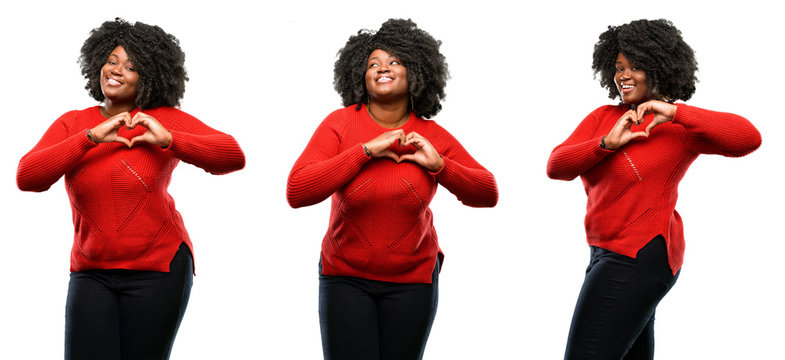 Young beautiful african plus size model happy showing love with hands in heart shape expressing healthy and marriage symbol isolated over white background. Collection composition 3 figures collage