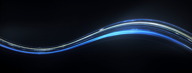 Fototapete - Colorful Light and stripes moving fast along a curved trajectory over dark background. Concept illustration