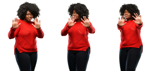 Sticker - Young beautiful african plus size model disgusted and angry, keeping hands in stop gesture, as a defense, shouting isolated over white background. Collection composition 3 figures collage