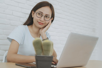 Working at home allow me for flexible working. Portrait of businesswoman using laptop. Woman working at home