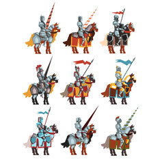 Sticker - Flat vector set of medieval knights on horseback with flags and spears. Cartoon royal warriors in steel shiny armors.