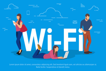 Poster - Wi-Fi concept vector illustration. People using devices for remote working and professional growth. Flat concept of young men and women using laptop for team work.