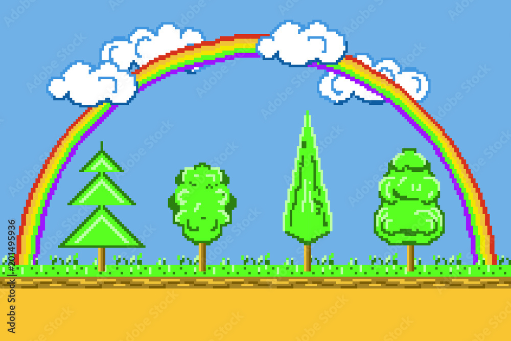 Pixel art landscape, background game platformer with rainbow, trees and ...