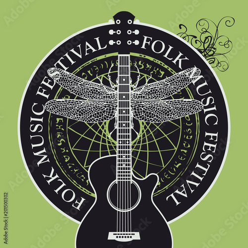 Fototapety Muzyka vector-poster-or-banner-for-a-festival-of-folk-music-with-a-guitar-on-the-background-of-abstract-round-pattern-with-a-dragonfly-in-retro-style