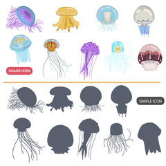 Wall Mural - Jelly fishcolor flat and simple icons set