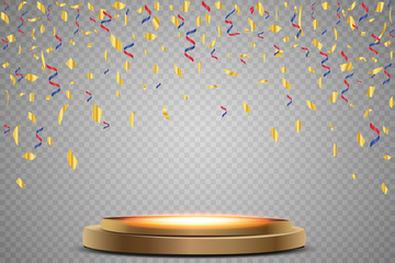 Stand of the podium with lighting, Scene from the award ceremony on a transparent background, with falling confetti. Vector illustration.