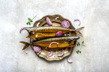 Wall Mural - Mackerel, smoked fish with omega 3 fat, bar food on table