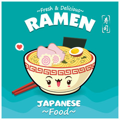 Vintage Japanese food poster design with vector Ramen character. Chinese word means sushi.