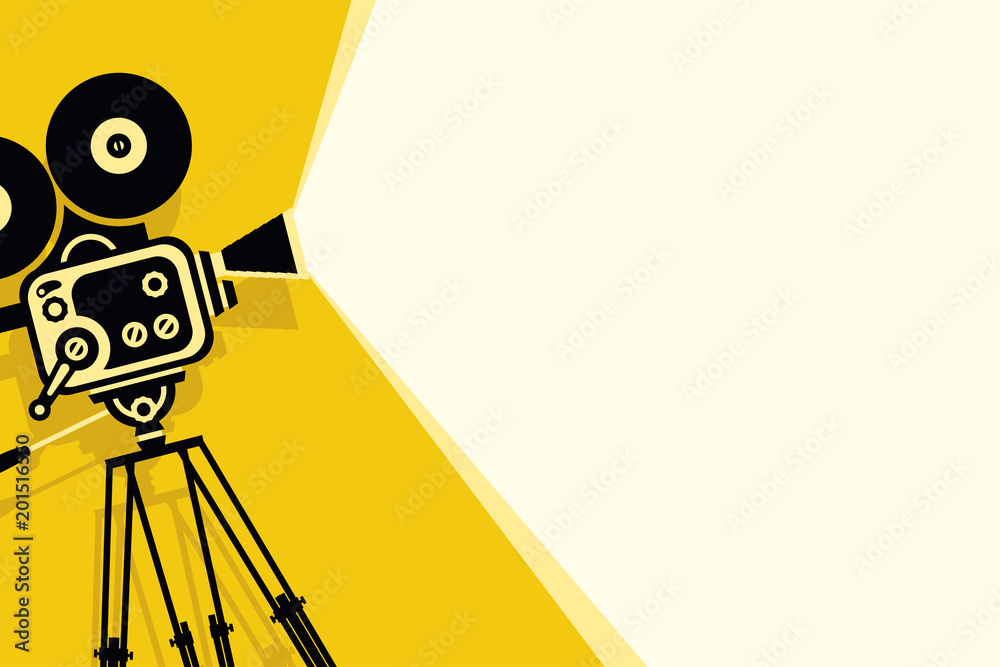 Vector yellow background with lighting old fashioned movie camera on the tripod. Can used for banner, poster, web page, background - obrazy, fototapety, plakaty 