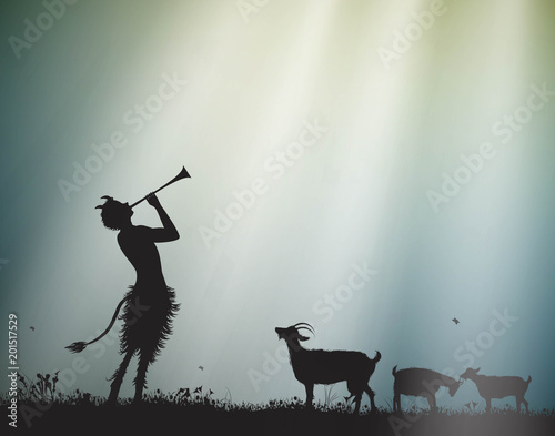 Cuadros en Lienzo faun shepherd herds the goats in the morning sun rays, satyr,