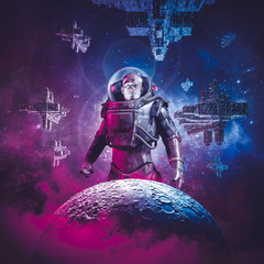 Wall Mural - intergalactic space hero / 3d illustration of science fiction scene showing heroic male astronaut ri
