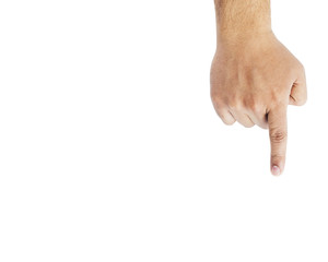 man's hand pointing down on white background.Isolated