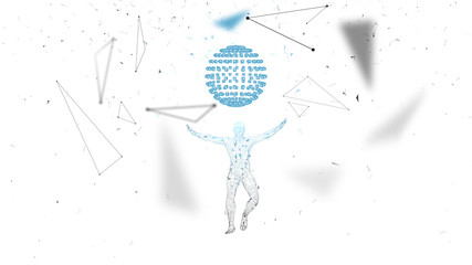 Poster - Conceptual abstract man. Connected lines, dots, triangles, particles. cience fiction scene. Artificial intelligence concept. High technology vector, digital background. 3D render vector illustration.