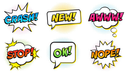 Wall Mural - retro comic speech bubbles set on white background. expression text stop, ok, nope, crash, new, awww