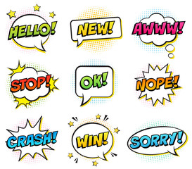 Wall Mural - retro comic speech bubbles set on white background. expression text hello, new, awww, stop, ok, nope