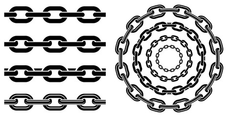 monochrome set different type of metal chains in silhouette style. seamless shape, for graphic desig