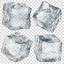 Set Of Four Realistic Translucent Ice Cubes In Gray Color Isolated On Transparent Background. Transparency Only In Vector Format