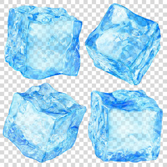 Set of four realistic translucent ice cubes in light blue color isolated on transparent background. Transparency only in vector format