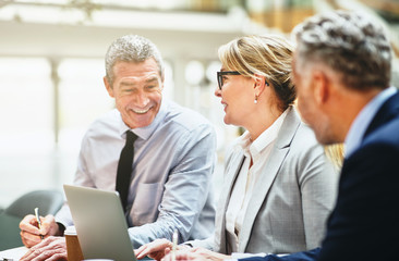 Wall Mural - Smiling mature businesspeople working at a table in an office