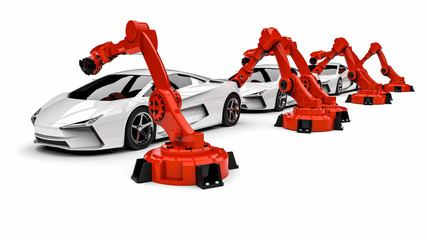 Wall Mural - Automotive robots / 3D render image representing a row of cars with automotive robots