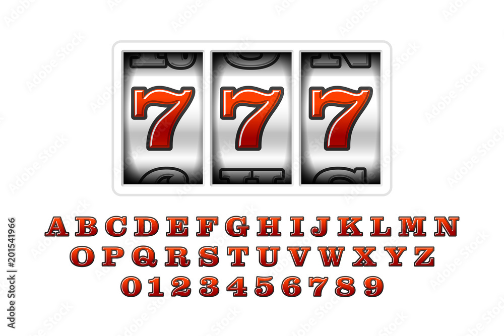 Slot machine with lucky seventh jackpot, 777. Slot machines retro font, letters and numbers - obrazy, fototapety, plakaty 