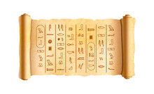 Old Textured Wide Papyrus Scroll With Ancient Egypt Hieroglyphics On White