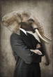 Elephant in a suit. Man with the head of an elephant. Concept graphic in vintage style.
